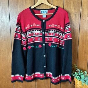Vintage BFA Classics Red Black Rose Embroidered Cottagecore Cardigan Sweater XL‎